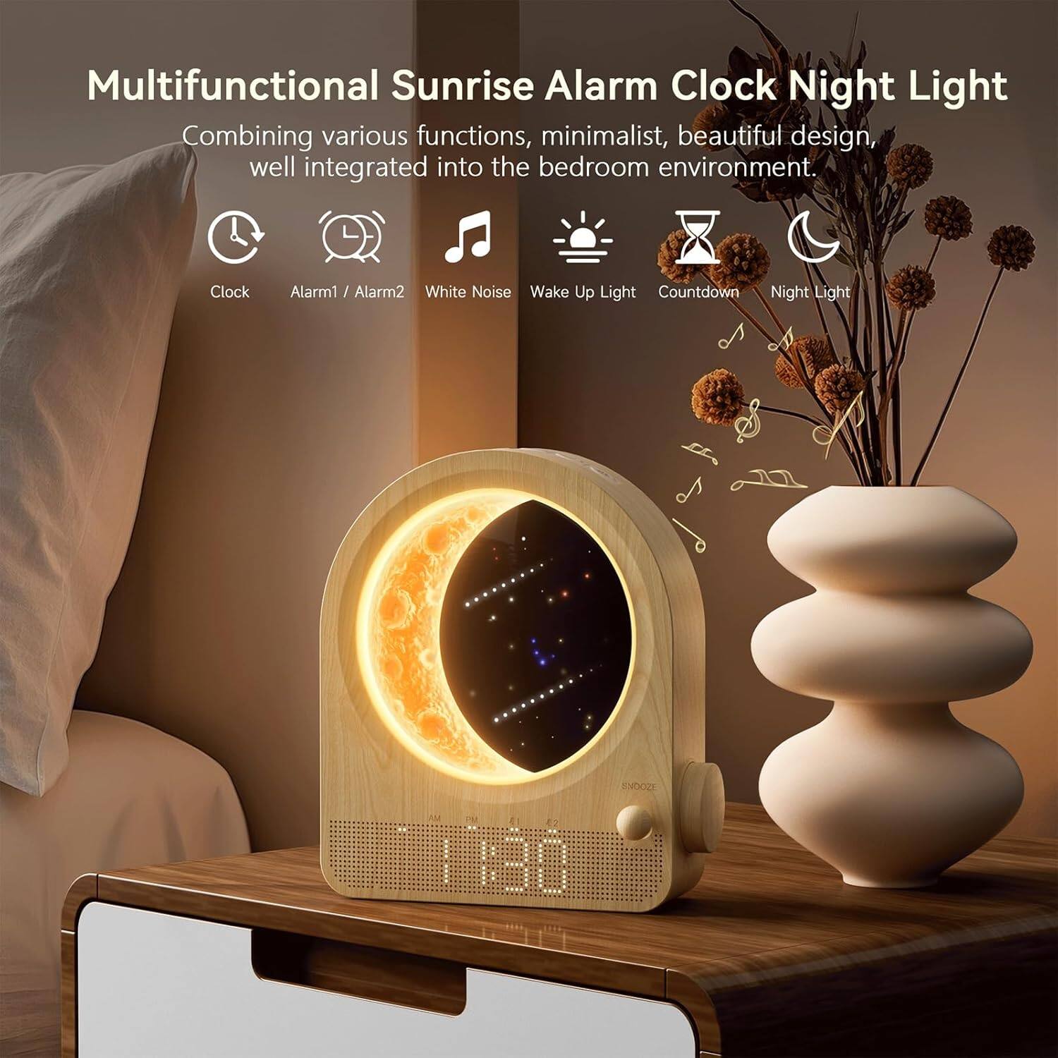 Multifunctional Sunrise Alarm Clock Night Light  
Combining various functions, minimalist, beautiful design, well integrated into the bedroom environment.  

- Clock  
- Alarm1 / Alarm2  
- White Noise  
- Wake Up Light  
- Countdown  
- Night Light