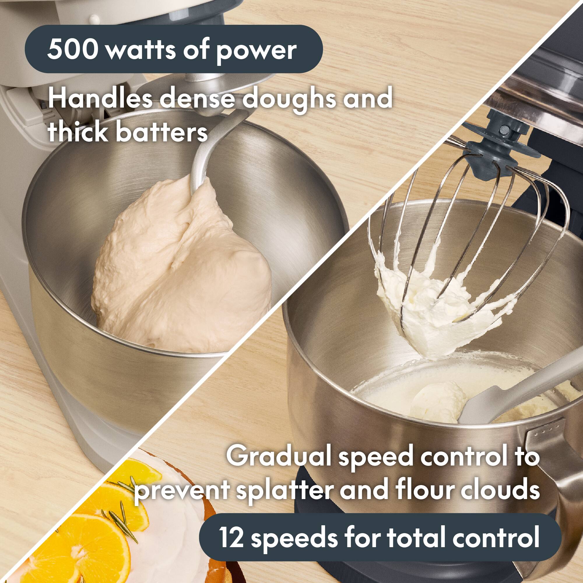 500 watts of power  
Handles dense doughs and thick batters  
Gradual speed control to prevent splatter and flour clouds  
12 speeds for total control