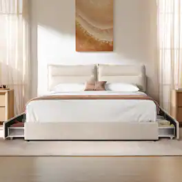 ModernMate - Upholstered Platform Bed Frame with 4 Storage Drawers, Adjustable Headboard with Dual Cushions - Begie