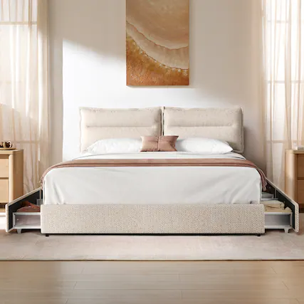 Front. ModernMate - Upholstered Platform Bed Frame with 4 Storage Drawers, Adjustable Headboard with Dual Cushions - Begie.