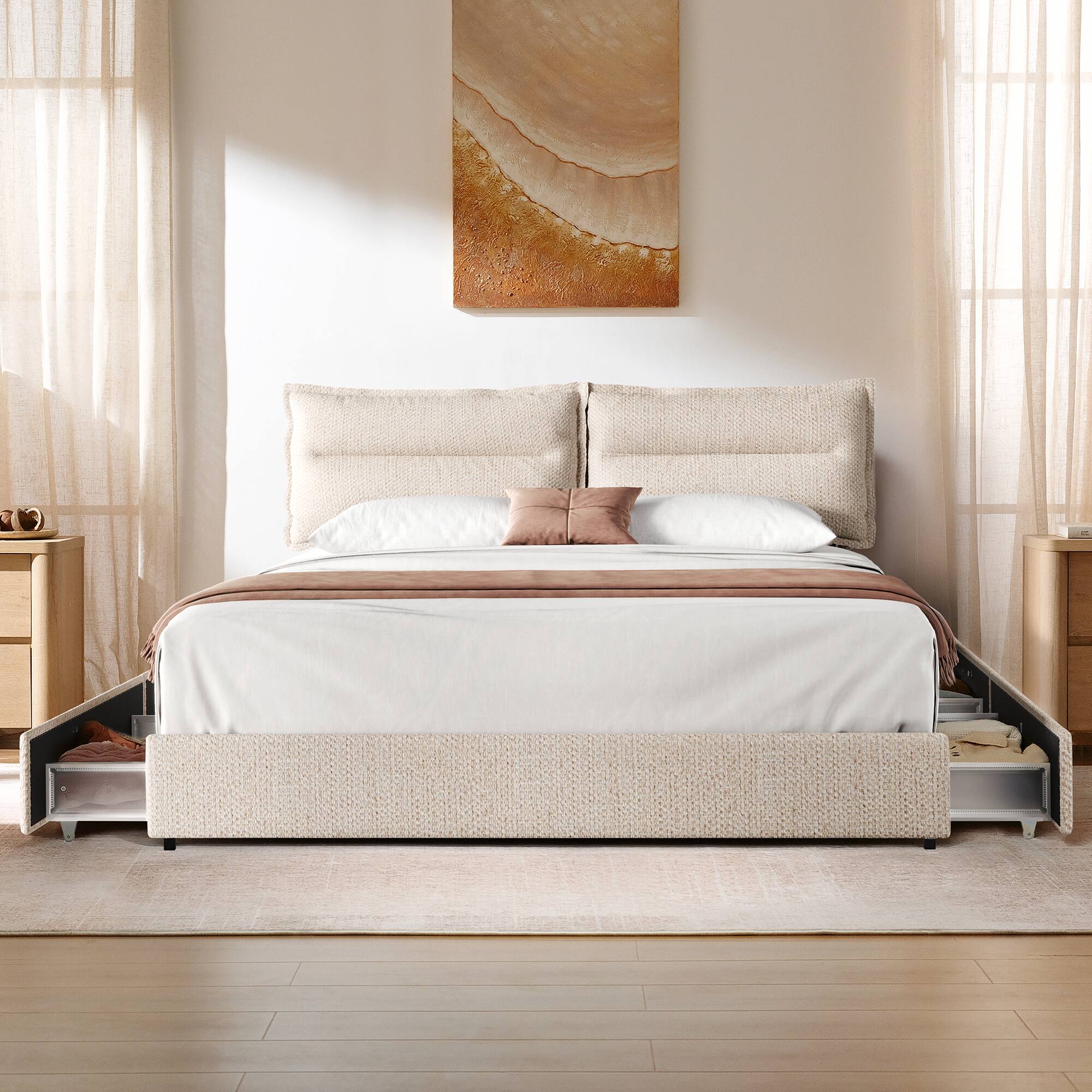 Front. ModernMate - Upholstered Platform Bed Frame with 4 Storage Drawers, Adjustable Headboard with Dual Cushions - Begie.