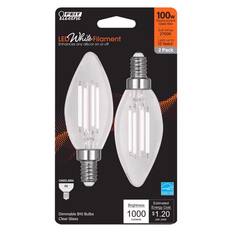 FEIT Electric 100w Replacement Uses 10w LED White Filament Enhances any decor on or off Soft White 2700K Lasts up to 13 Years' 2 Pack CANDELABRA E2 Dimmable B10 Bulbs Clear Glass Estimated Brightness Energy Cost 1000 $ $1.20 lumens per year
