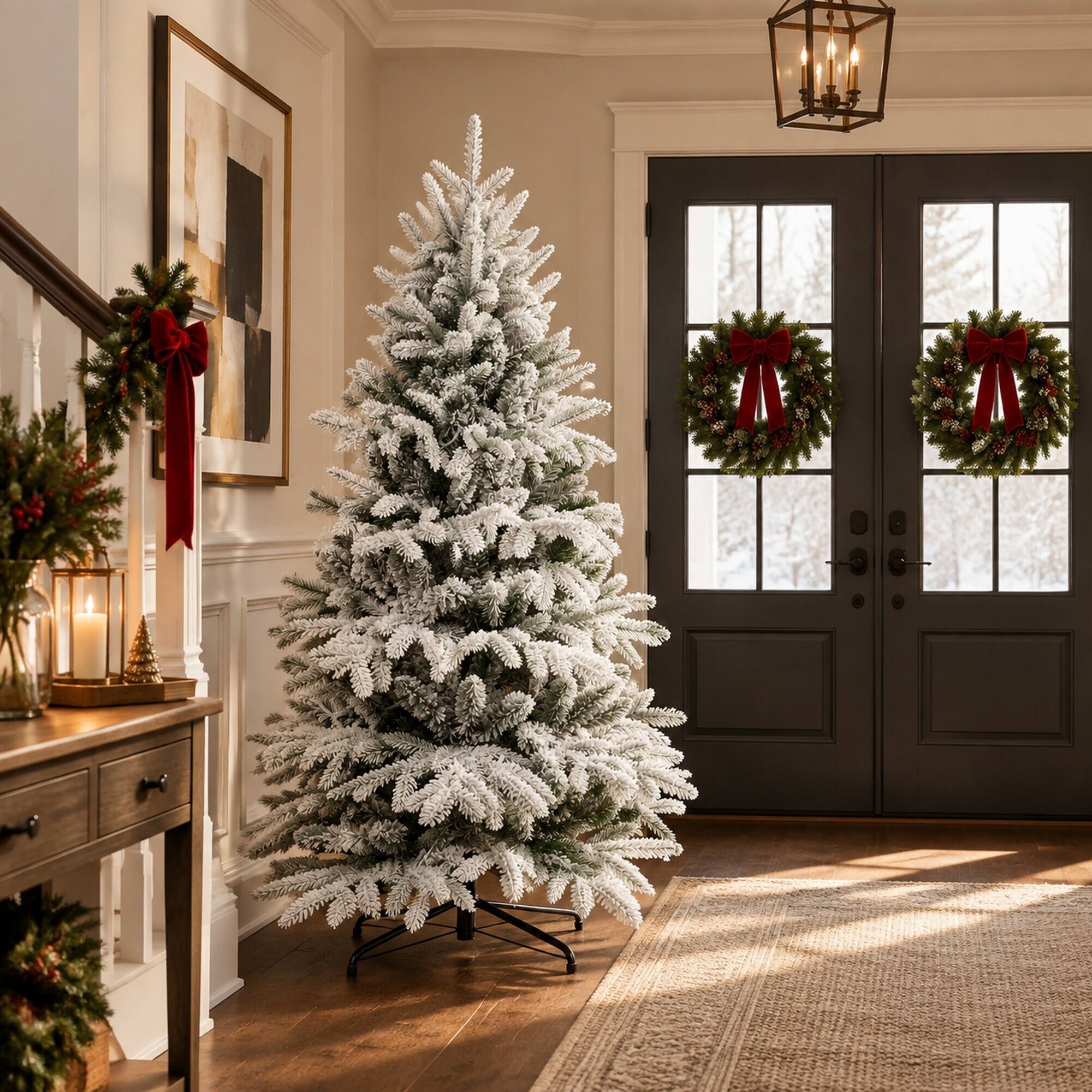 Alt View 2. RYHNUYNE - 7FT Pre-Lit Flocked Christmas Tree With 400 Two-Color LED Lights and 2086 Tips, 9 Modes and Metal Stand - Green,White.