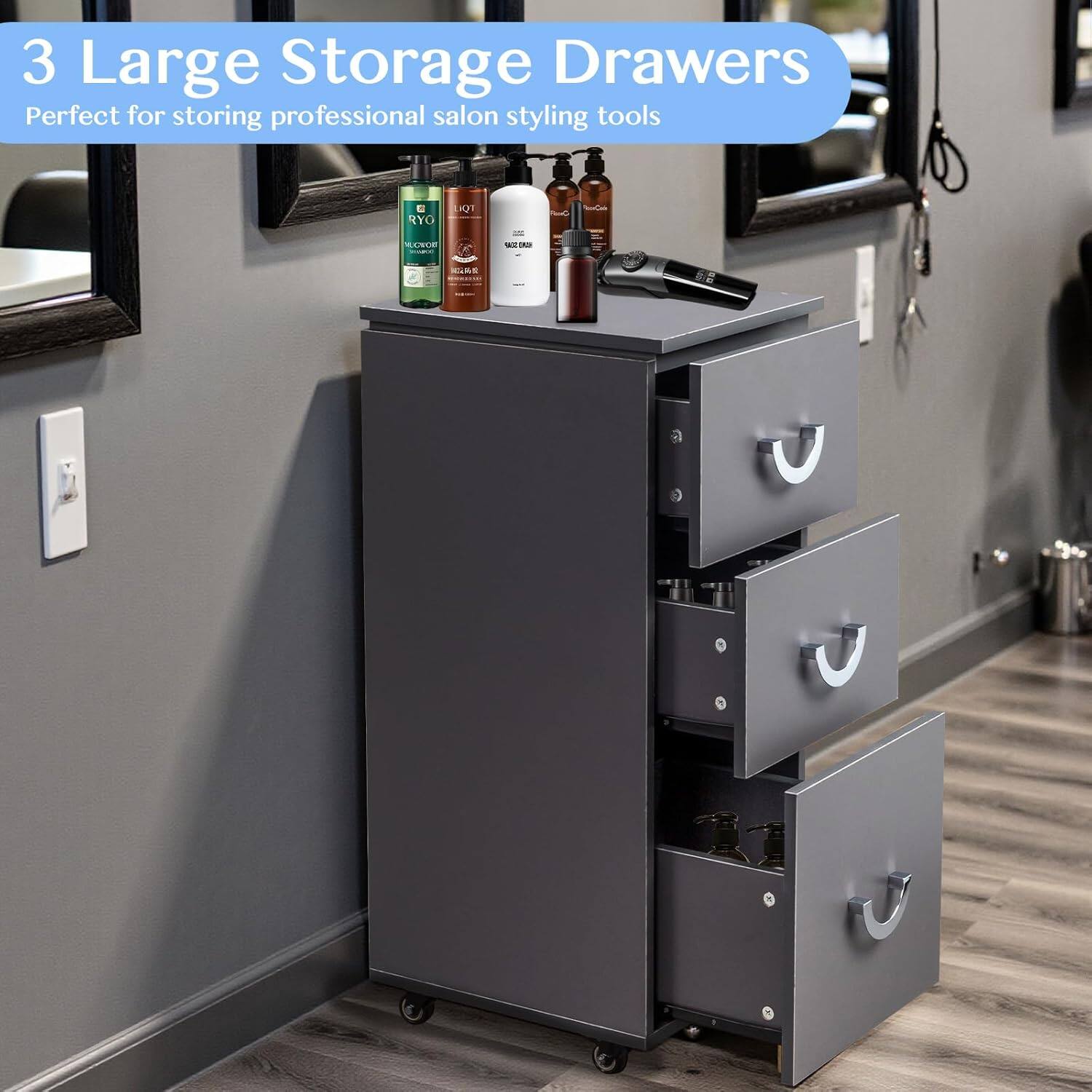 3 Large Storage Drawers  
Perfect for storing professional salon styling tools