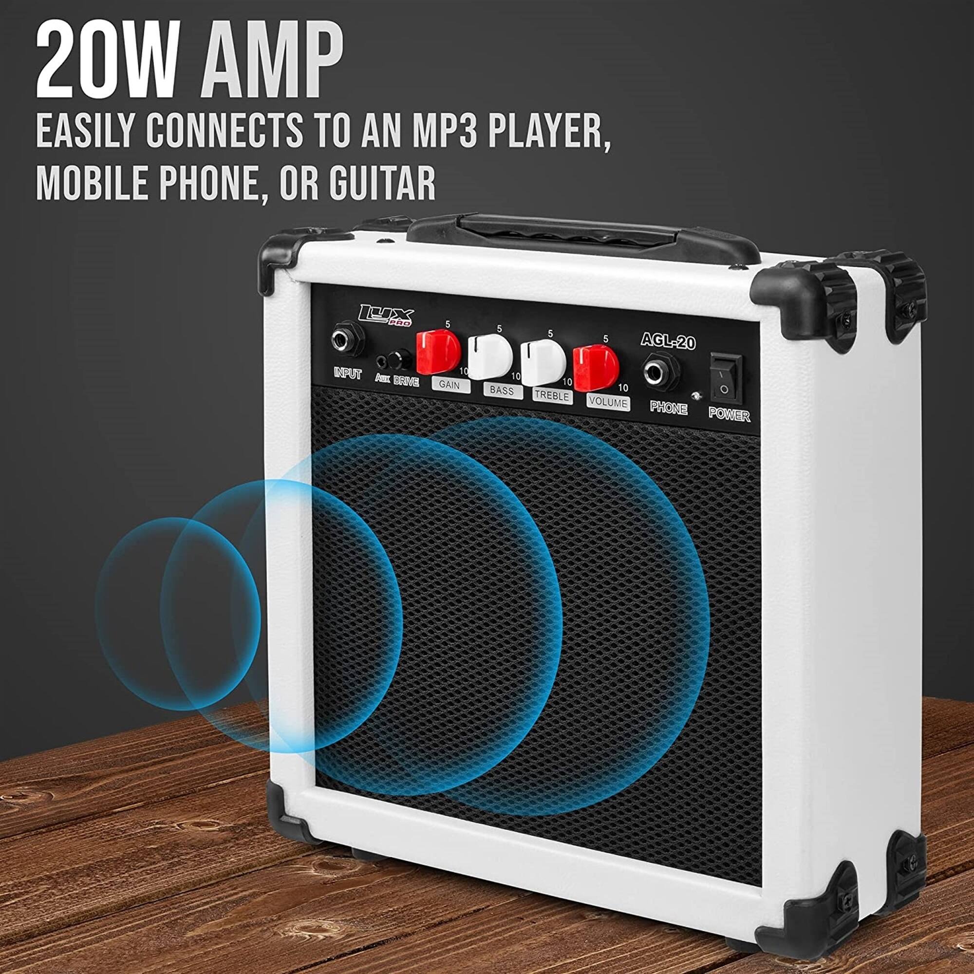 20W AMP EASILY CONNECTS TO AN MP3 PLAYER, MOBILE PHONE, OR GUITAR

I 13 Card WAT I CUVE 5 10 GAIN & $ 5 AGL-20 10 0 BASS 10 TREBLE VOLUME PROCPEE FORER