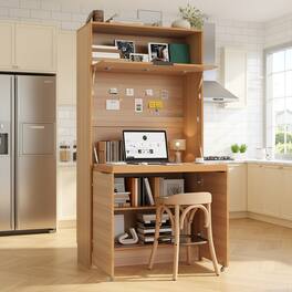 Forest'nSky - 69" Tall Kitchen Pantry Cabinet with Hutch, Foldable Workstation & Power Outlet - Natural
