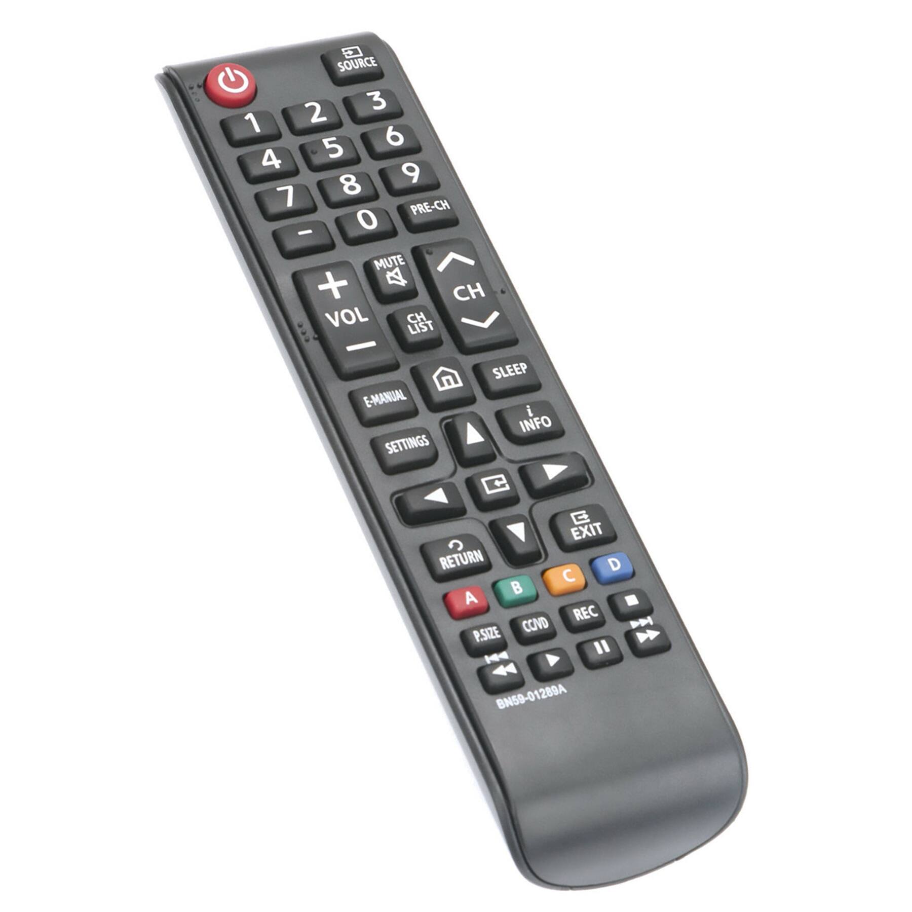 SOURCE 1 2 3 4 5 6 7 8 9 0 PRE-CH CH MUTE VOL CH LIST SLEEP E-MANUAL INFO SETTINGS RETURN EXIT A B C D REC PN CCND P.SIZE BN59-01289A