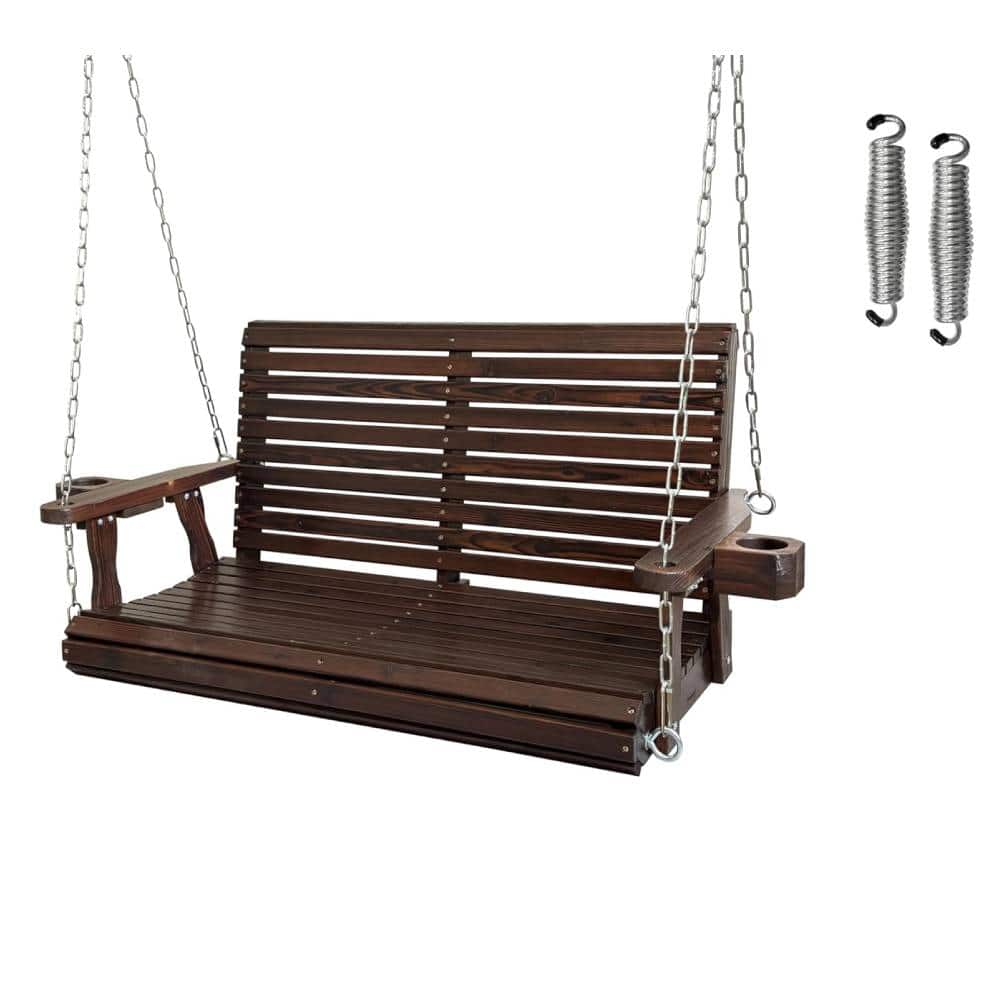 Front. Fortune Candy - Wooden Porch Swing 2-Seater, High Backrest and Deep Seat, Bench Swing with Cupholders, for Outdoor Patio Garden - Deep Brown.