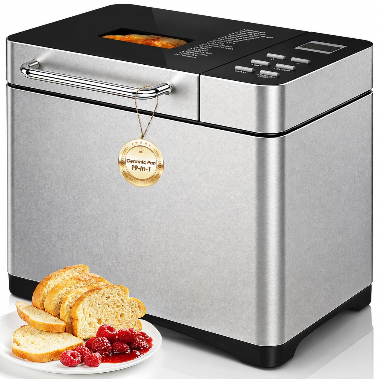 Manastin - 2LB Bread Maker, Bread Machine with Fruit and Nut Dispenser, Stainless Steel Housing, 19-in-1 Bread Maker Machine - Silver