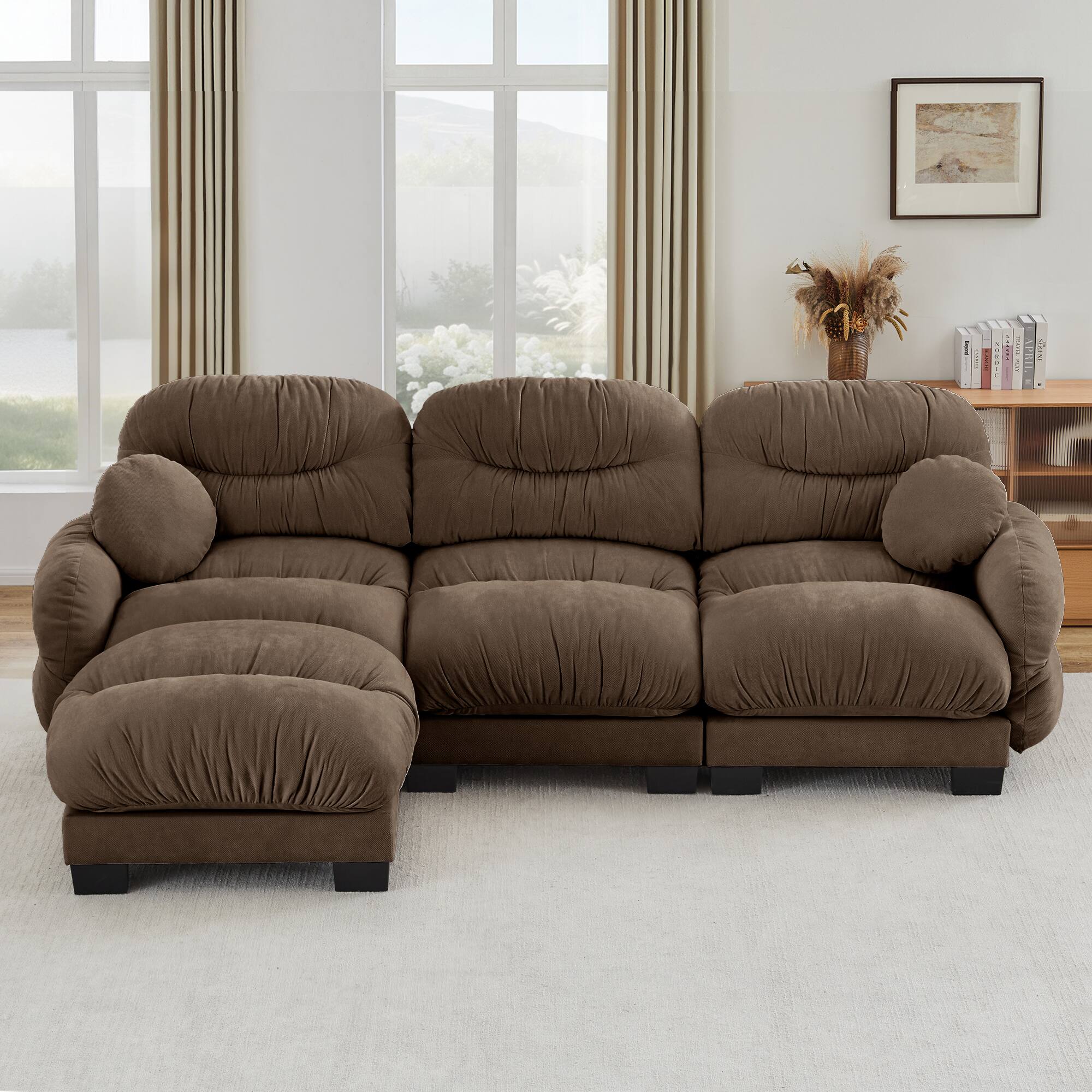 Left. Anysun - 3 Seater L Shape Sectional Couch with Ottoman, Chenille Fabric, High-Density Foam & Curved Armrests for Living Room - Brown.