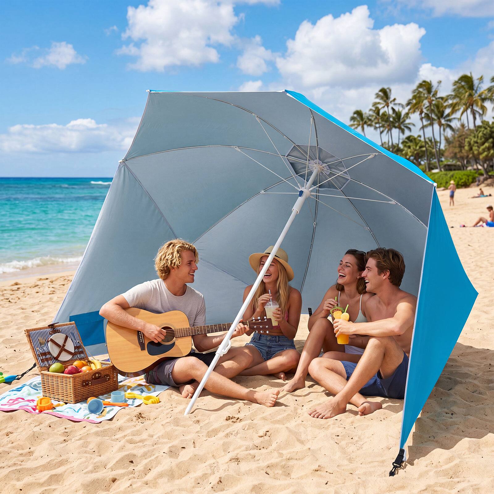 Alt View 1. Costway - Costway 2-In-1 Beach Shelter Umbrella with 2 Side Panels, Sand Anchor, Fiberglass Ribs - Turquoise.