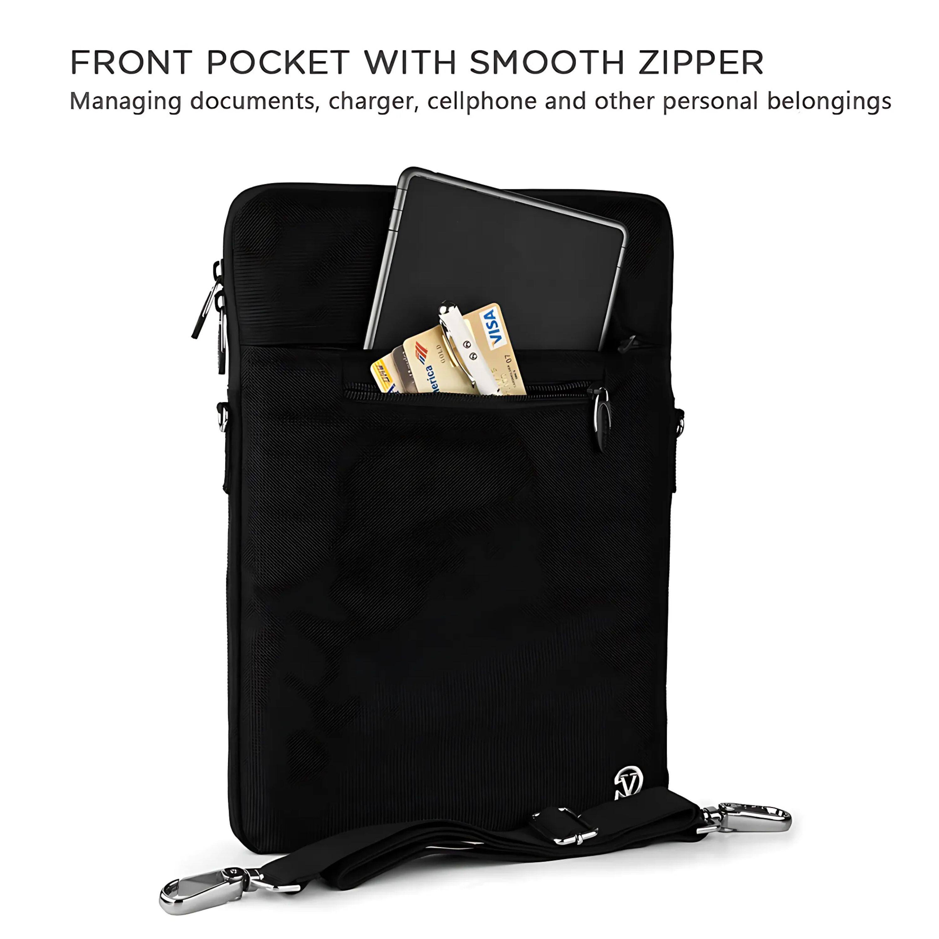 FRONT POCKET WITH SMOOTH ZIPPER  
Managing documents, charger, cellphone and other personal belongings