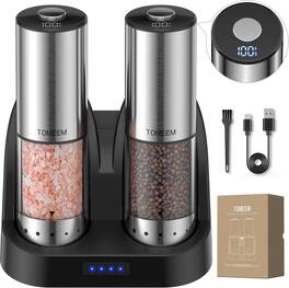 Tomeem - Rechargeable Electric Salt and Pepper Grinder Set, Battery Display-Charging Base - Stainless Steel - Silver