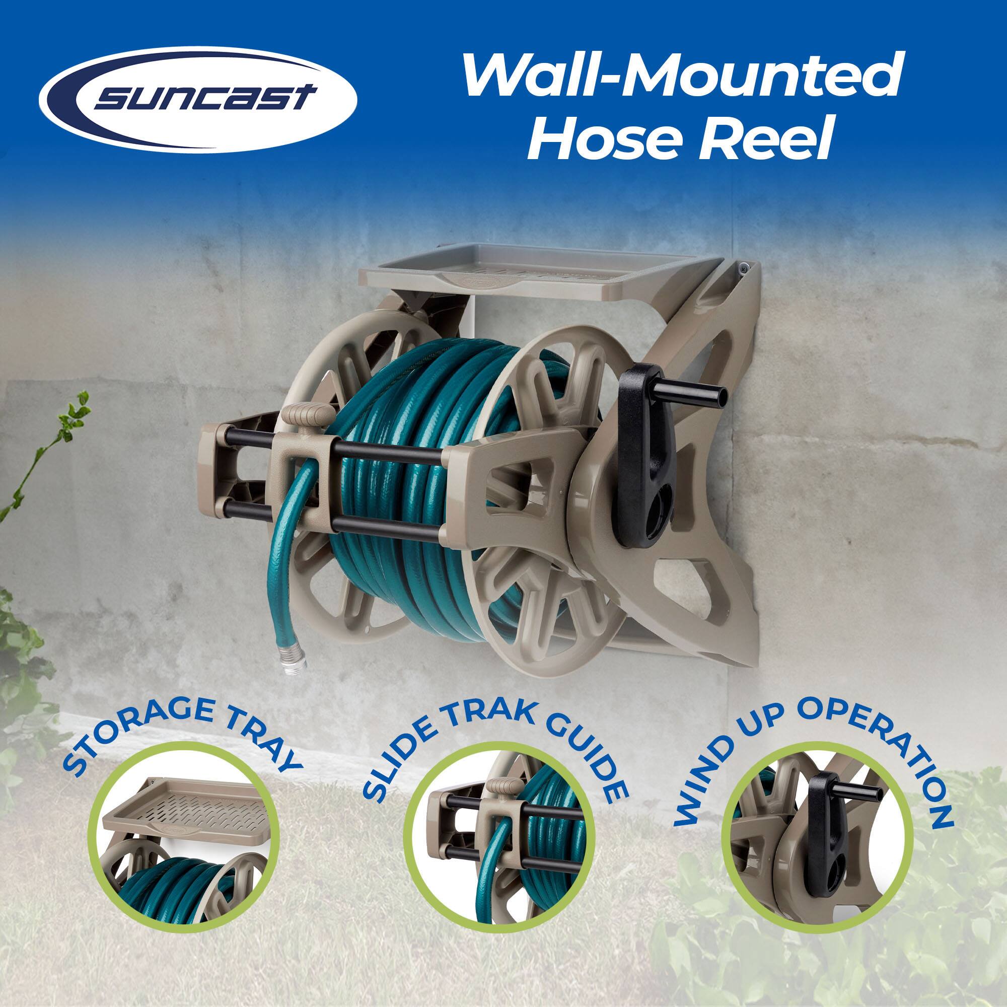 suncast Wall-Mounted Hose Reel  
TRAK UP STORAGE TRAY SLIDE GUIDE WIND OPERATION