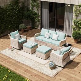 Yardgrace - 6-Piece Patio Set w/ Swivel Rocking Chairs, Outdoor Wicker Sofa, Waterproof Cushions for Backyard Lawn Porch - Blue