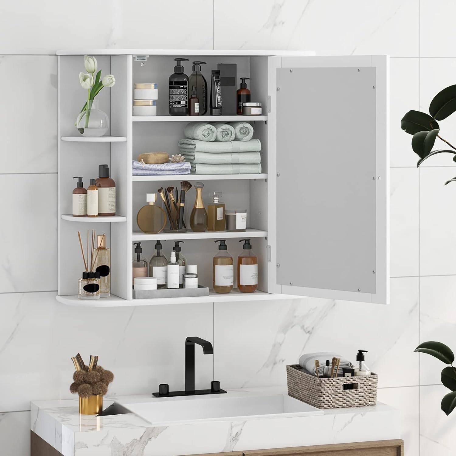 Left. Hivvago - White 26 x 25 inch Bathroom Wall Mirror Medicine Cabinet with Shelves - White.