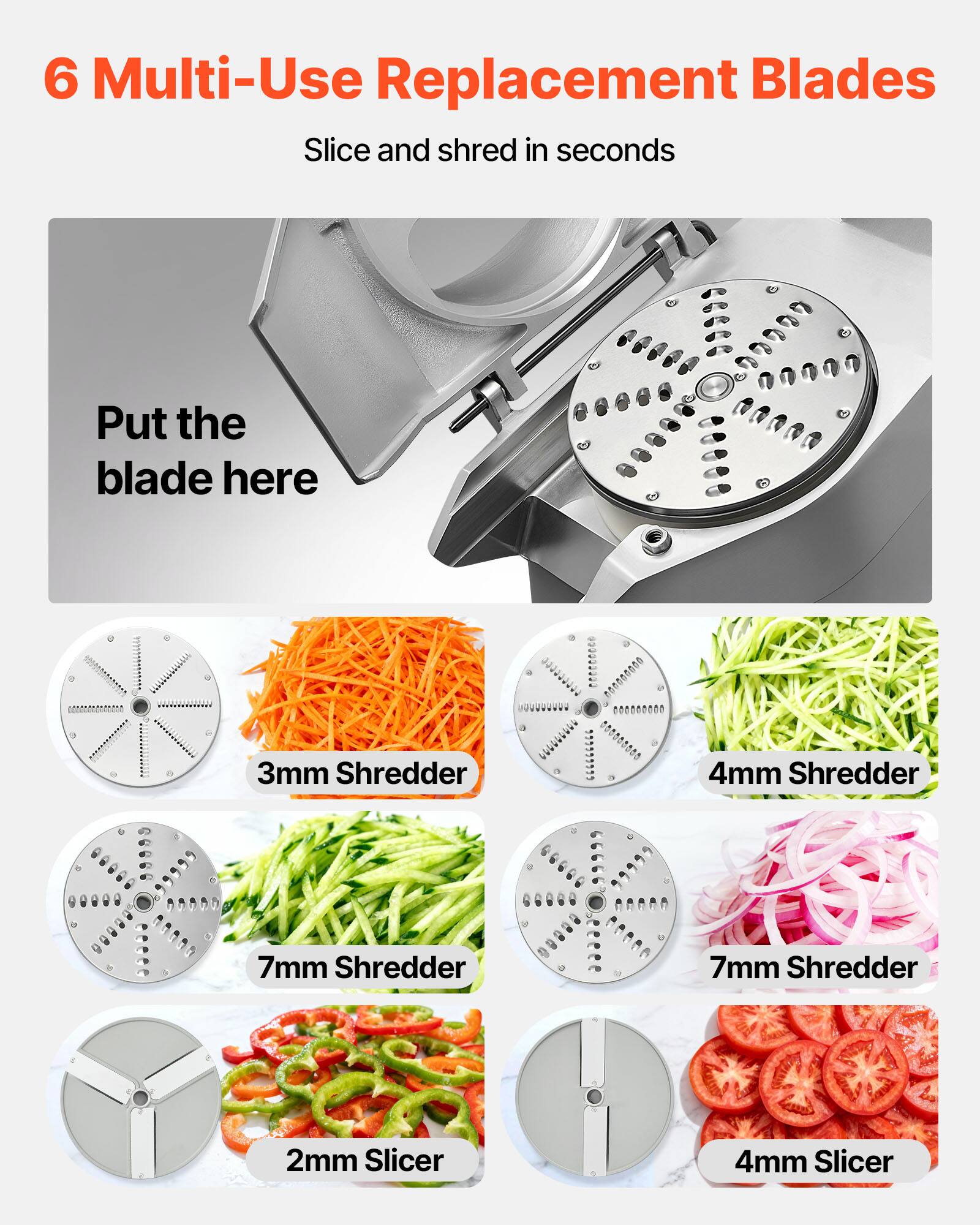 6 Multi-Use Replacement Blades  
Slice and shred in seconds  

Put the blade here  

3mm Shredder  
4mm Shredder  
7mm Shredder  
7mm Shredder  
2mm Slicer  
4mm Slicer