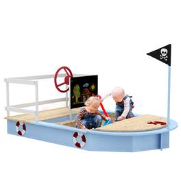Outsunny - Wooden Sandbox, Kids Pirate Ship Outdoor Sandbox with Blackboard, Flag, Rudder, Anchor Sign, Storage Deck, Sand Pit