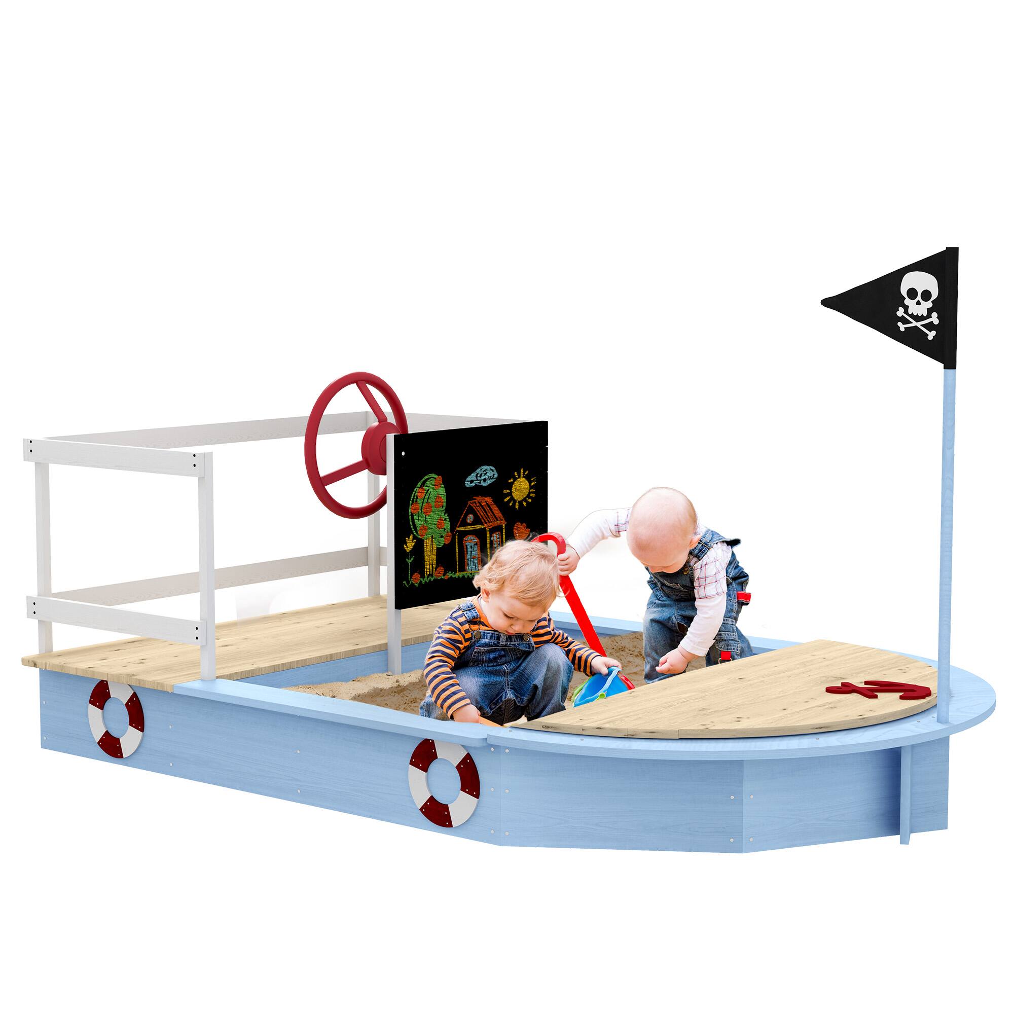 Front. Outsunny - Wooden Sandbox, Kids Pirate Ship Outdoor Sandbox with Blackboard, Flag, Rudder, Anchor Sign, Storage Deck, Sand Pit.