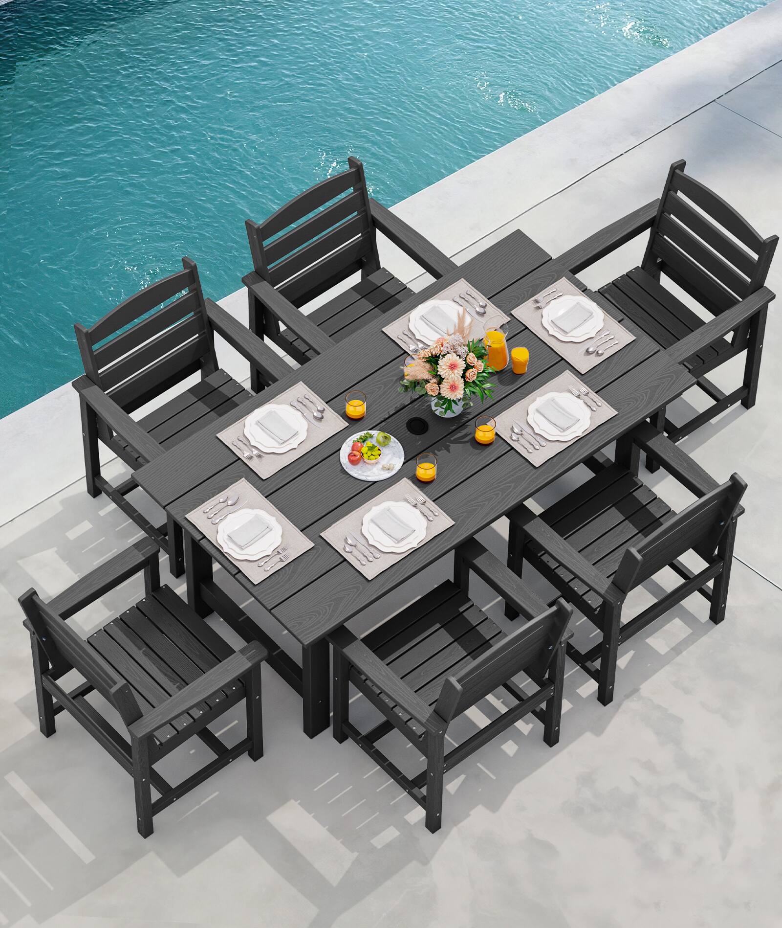 Alt View 7. SERWALL - 7 Pcs Outdoor Dining Set, Outdoor Dining Furniture with Rectangular Table & 6 Chairs, All-Weather Resistant Dining Set - Black.