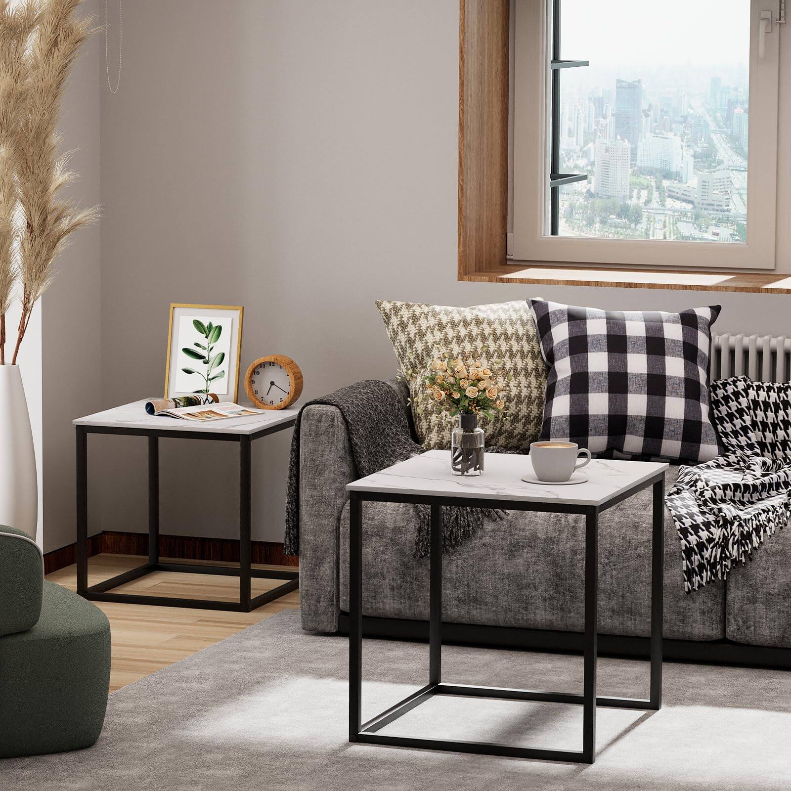 Alt View 7. Hanke - Coffee Table Modern Faux Marble Nesting Metal Frame Square Center Side Tables For Living Room Bedroom And - White & Black 19.7".
