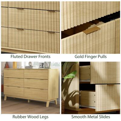 HOMCOM Fluted Dresser for Bedroom with 6 Drawers, 54" Wide Chest of Drawers with Gold Finger Pulls and 5 Wood Legs, Natural Wood HOMCOM Fluted Dresser for Bedroom with 6 Drawers, 54" Wide Chest of Drawers with Gold Finger Pulls and 5 Wood Legs, Natural Wood
