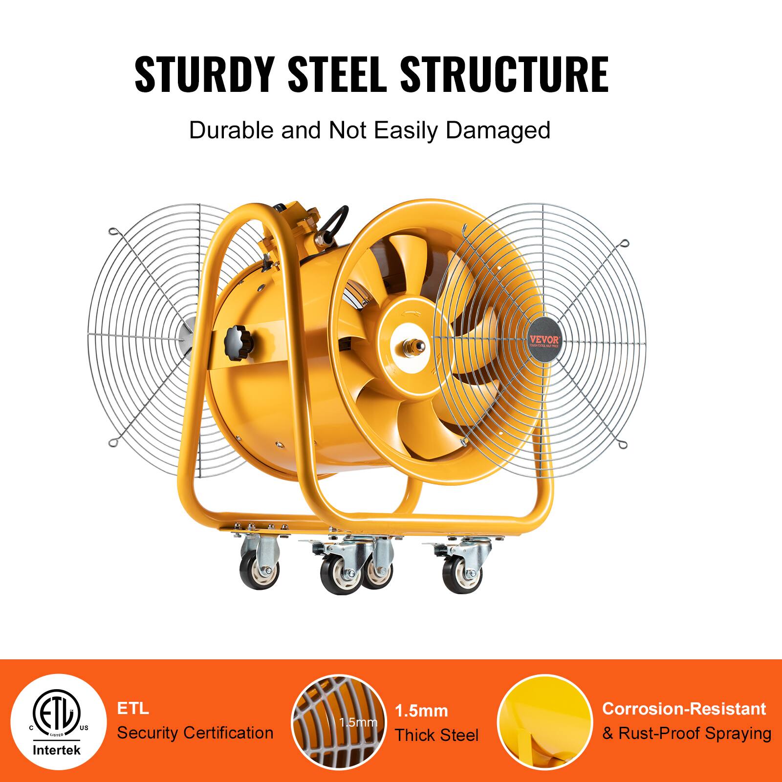 STURDY STEEL STRUCTURE  
Durable and Not Easily Damaged

VEVOR

ETL Security Certification

1.5mm Thick Steel  
Corrosion-Resistant & Rust-Proof Spraying