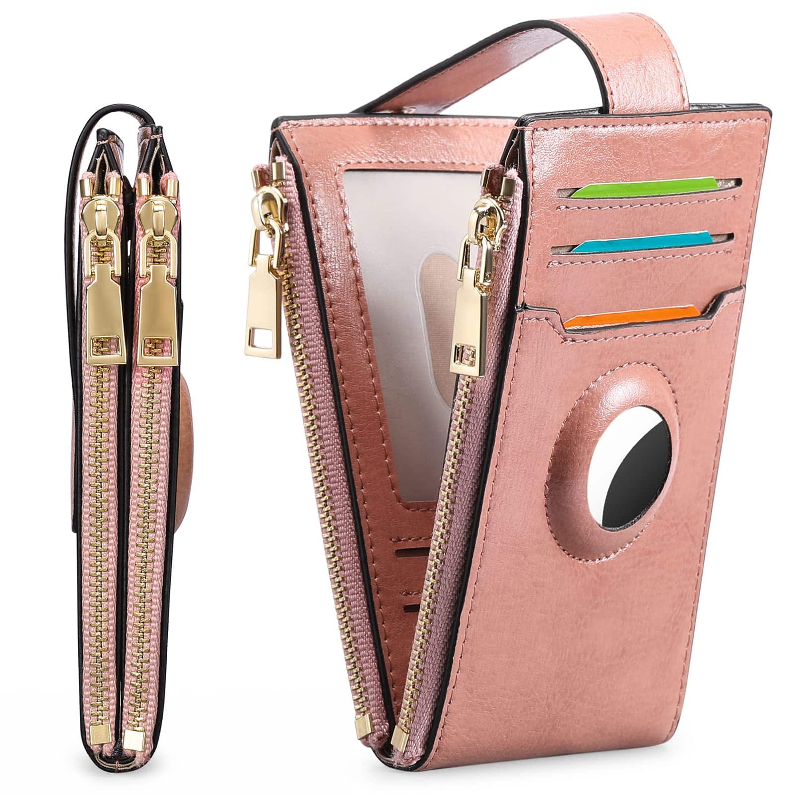 Jadie Link - Air-tag Womens Wallet Genuine Leahter Bifold Credit Card Holder Built-in Integrated Case Built-in Case Air-TagCombining - AD-Pink
