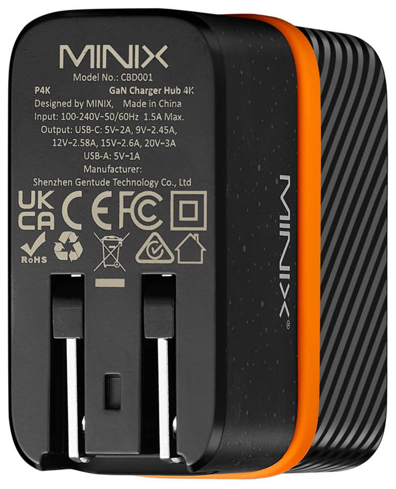 MINIX Model No.: CBD001 P4K GaN Charger Hub 4K Designed by MINIX, Made in China Input: 100-240V-50/60Hz 1.5A Max. Output: USB-C: 5V-2A, 9V-2.45A, 12V-2.58A, 15V-2.6A, 20V-3A USB-A: 5V-1A Manufacturer: Shenzhen Gentude Technology Co., Ltd. UK CA CEFCE RoHS MIN