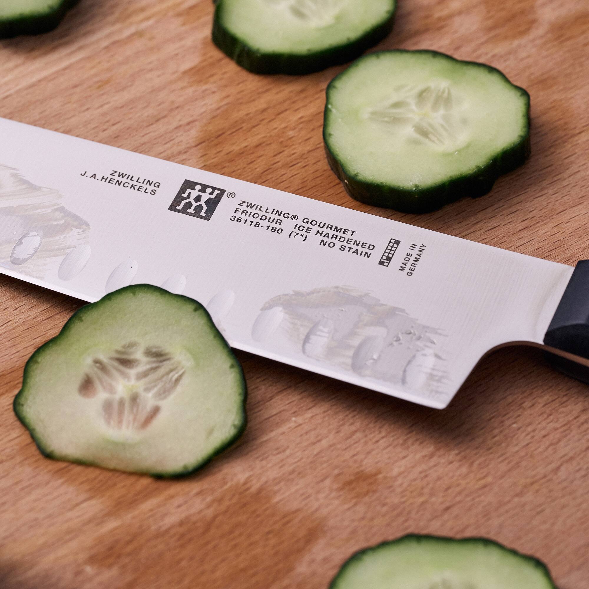 J.A. HENCKELS  
ZWILLING  
FRIODUR  
36119-180 (7")  
GOURMET ICE HARDENED NO STAIN  
MADE IN GERMANY