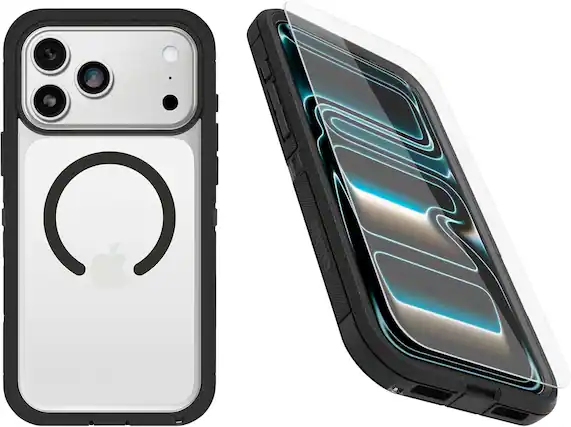 Front. OtterBox - OtterBox iPhone 17 Pro Max , Bundle: Defender Series XT Case & Screen Protector - Snaps on MagSafe - Rugged & Durable - Dark Side (Clear/Black).