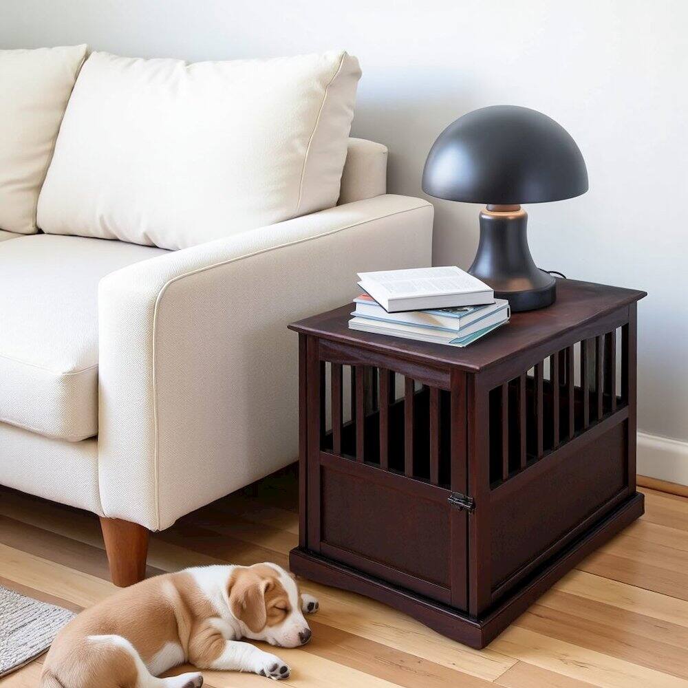 Alt View 3. FurniFact - Brown Dog Kennel Furniture with Gate, Solid Wood Dog Crate End Table - Espresso.