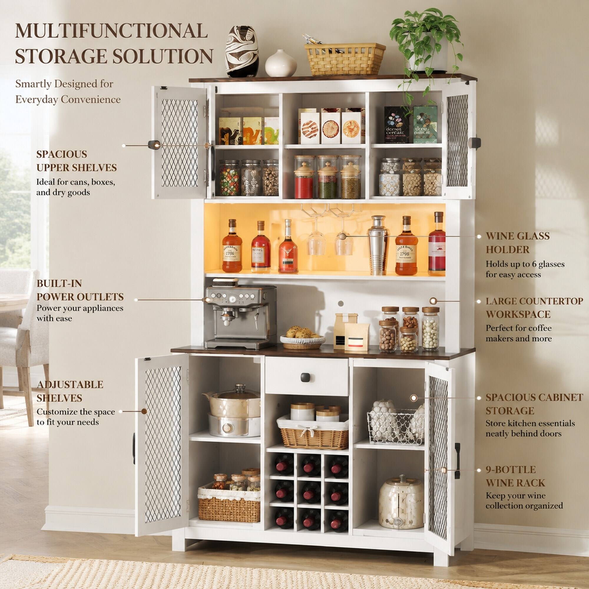 RYHNUYNE Freestanding 70.9 Inch Kitchen Pantry Cabinet with LED Outlets ...
