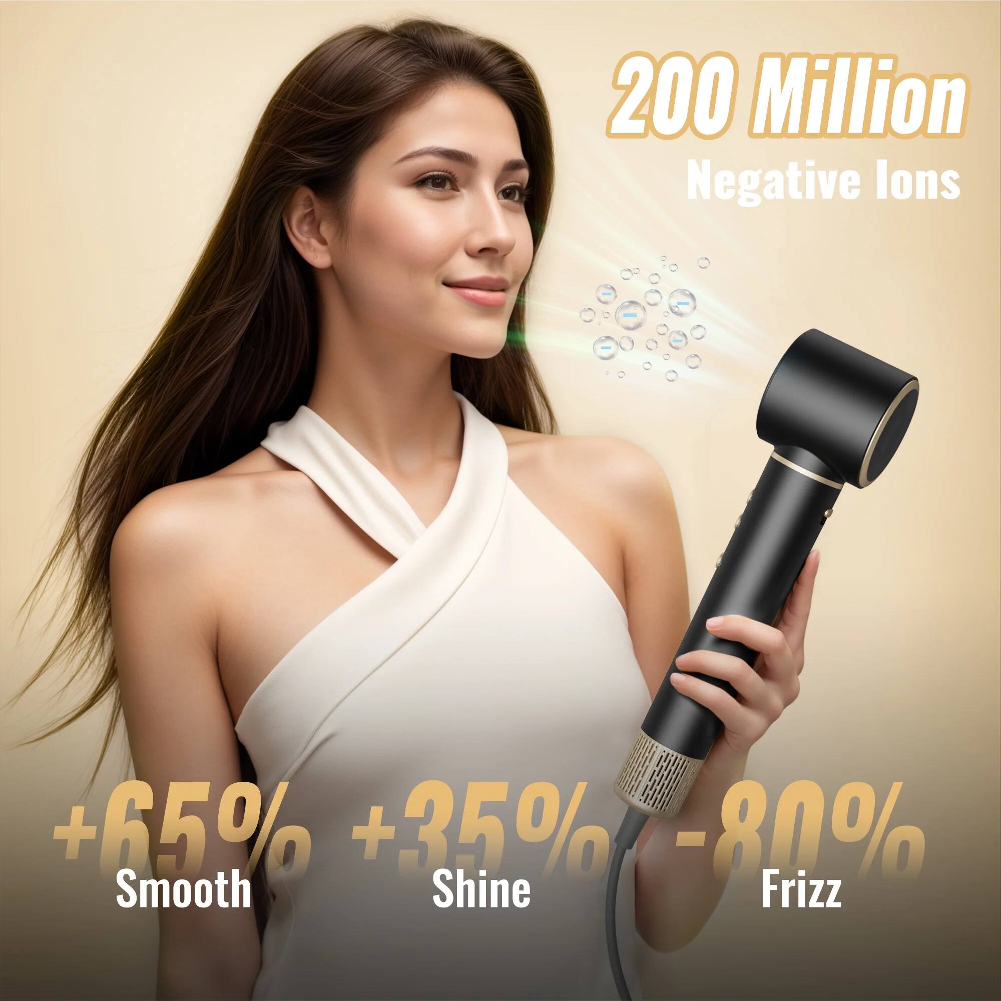 200 Million Negative Ions

+65% Smooth  
+35% Shine  
-80% Frizz