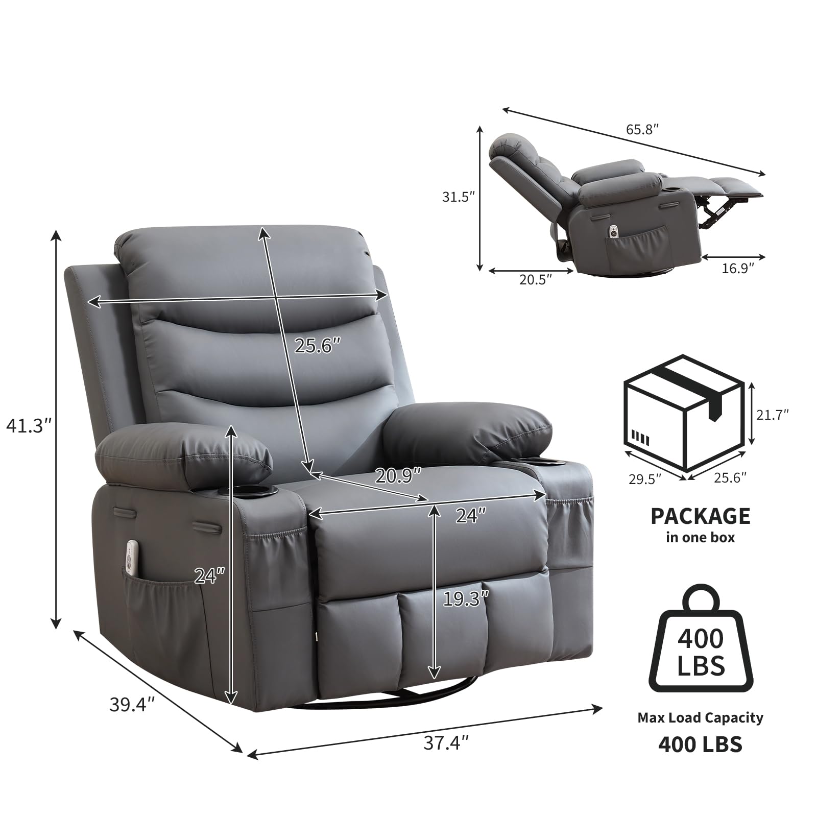 - 65.8" (Width)
- 31.5" (Depth)
- 20.5" (Armrest Height)
- 16.9" (Armrest Width)
- 25.6" (Back Height)
- 41.3" (Height)
- 20.9" (Seat Depth)
- 29.5" (Seat Width)
- 25.6" (Seat Height)
- 24" (Seat to Floor Height)
- 39.4" (Width of Footrest)
- 37.4" (Depth of Footrest)
- 19.3" (Width of Side Table)
- 24" (Depth of Side Table)
- 21.7" (Height of Side Table)
- 29.5" (Height of Package Box)
- 25.6" (Width of Package Box)
- 400 LBS (Max Load Capacity)
- PACKAGE in one box