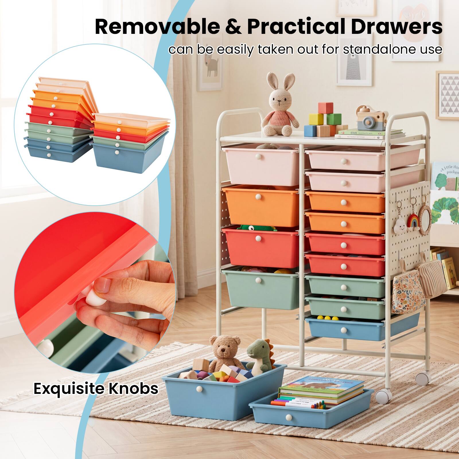 Removable & Practical Drawers can be easily taken out for standalone use  
Exquisite Knobs