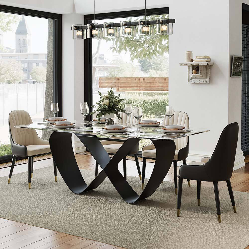 Left. POVISON - 71" Tempered Glass Dining Table for 6, Clear Glass Dining Table with Black Butterfly Carbon Steel Base - Transparent.