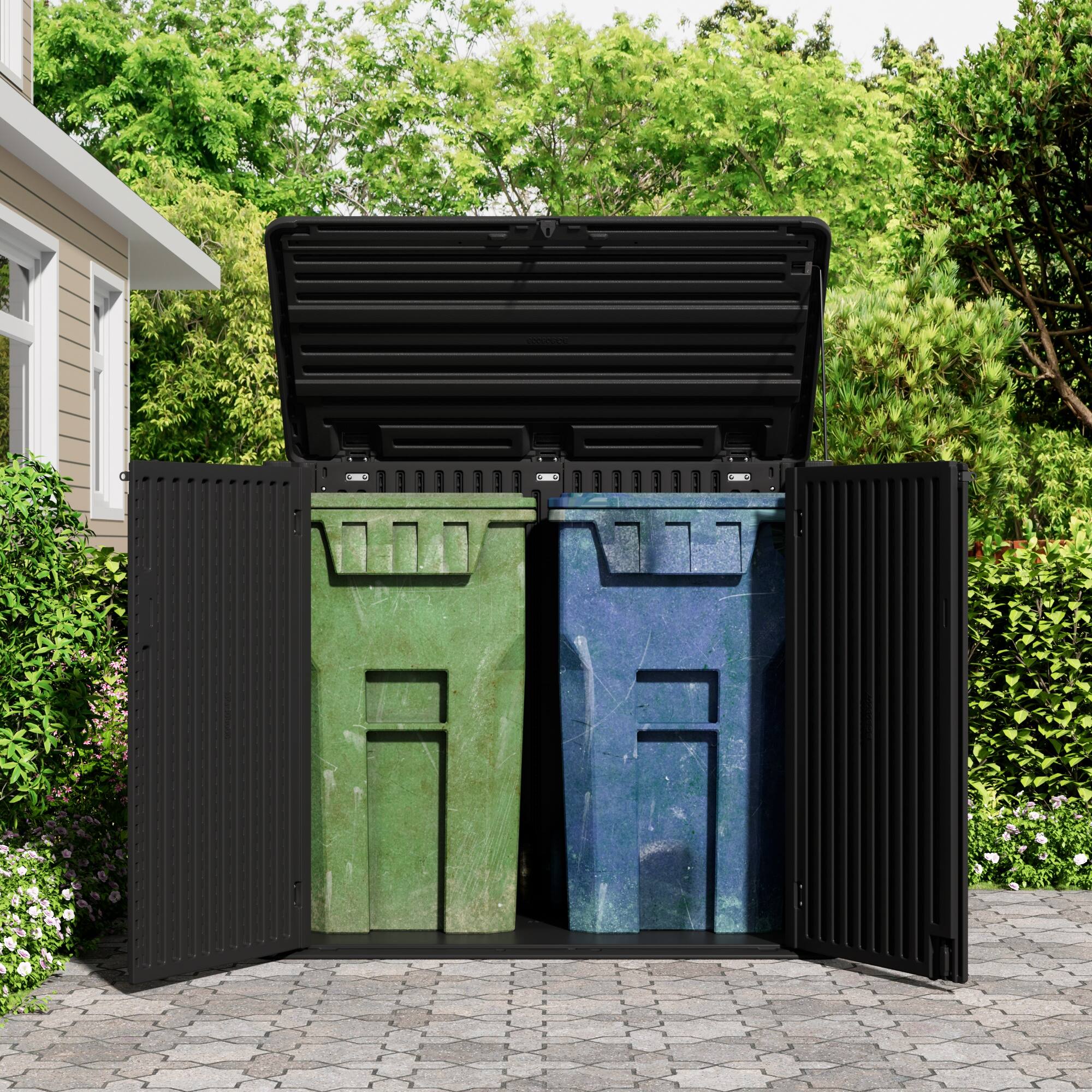 Back. Yardgrace - 358 Gal. Larger Outdoor Storage Shed Horizontal 48 Cu.ft Outdoor Storage Box Waterproof for Garden, Patios, Backyards - Black No shelves.