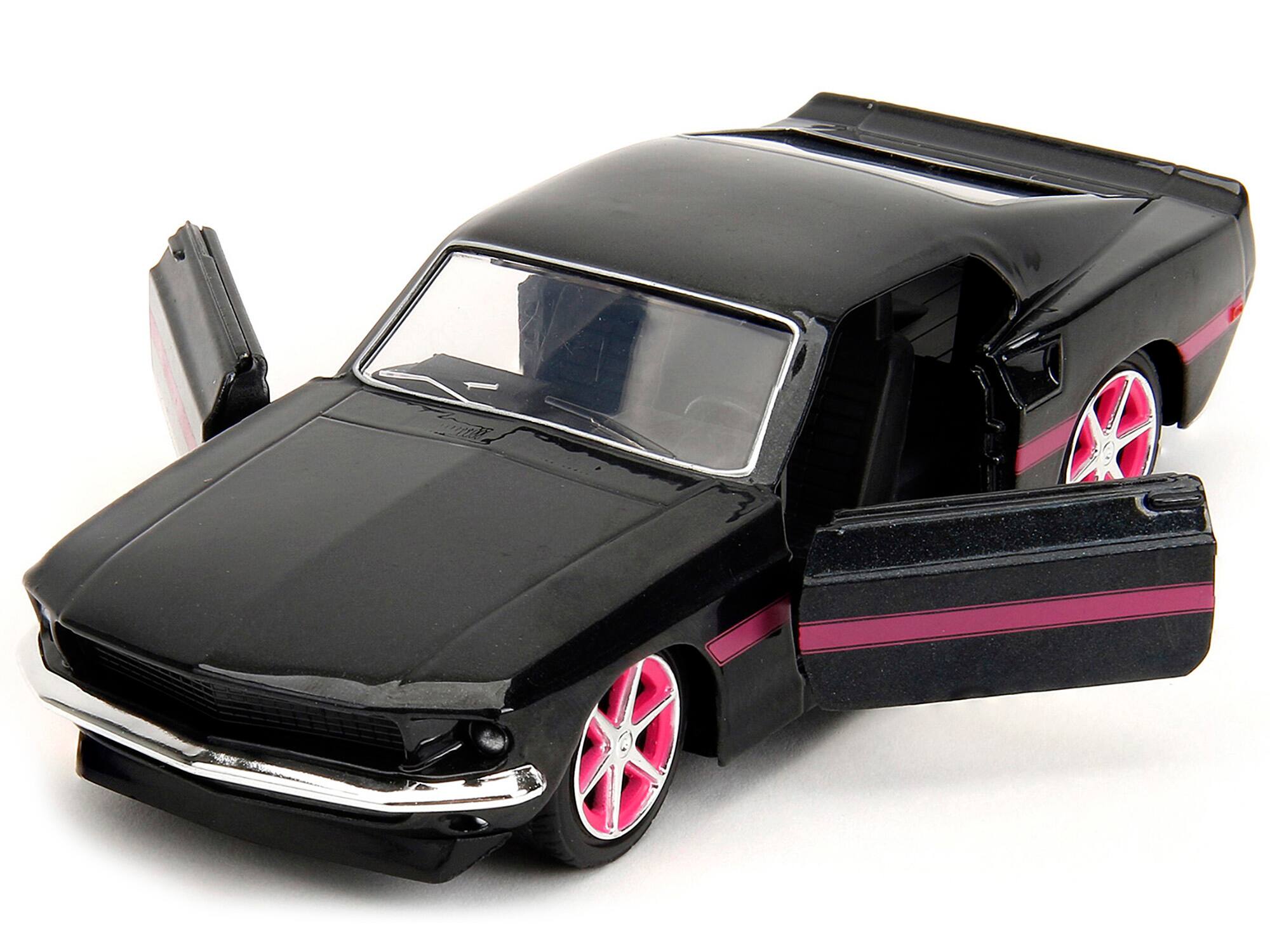 Angle. Jada - 1969 Ford Mustang Black Metallic with Pink Stripes and Wheels "Pink Slips" Series 1/32 Diecast Model Car by Jada - Black Metallic With Pink .