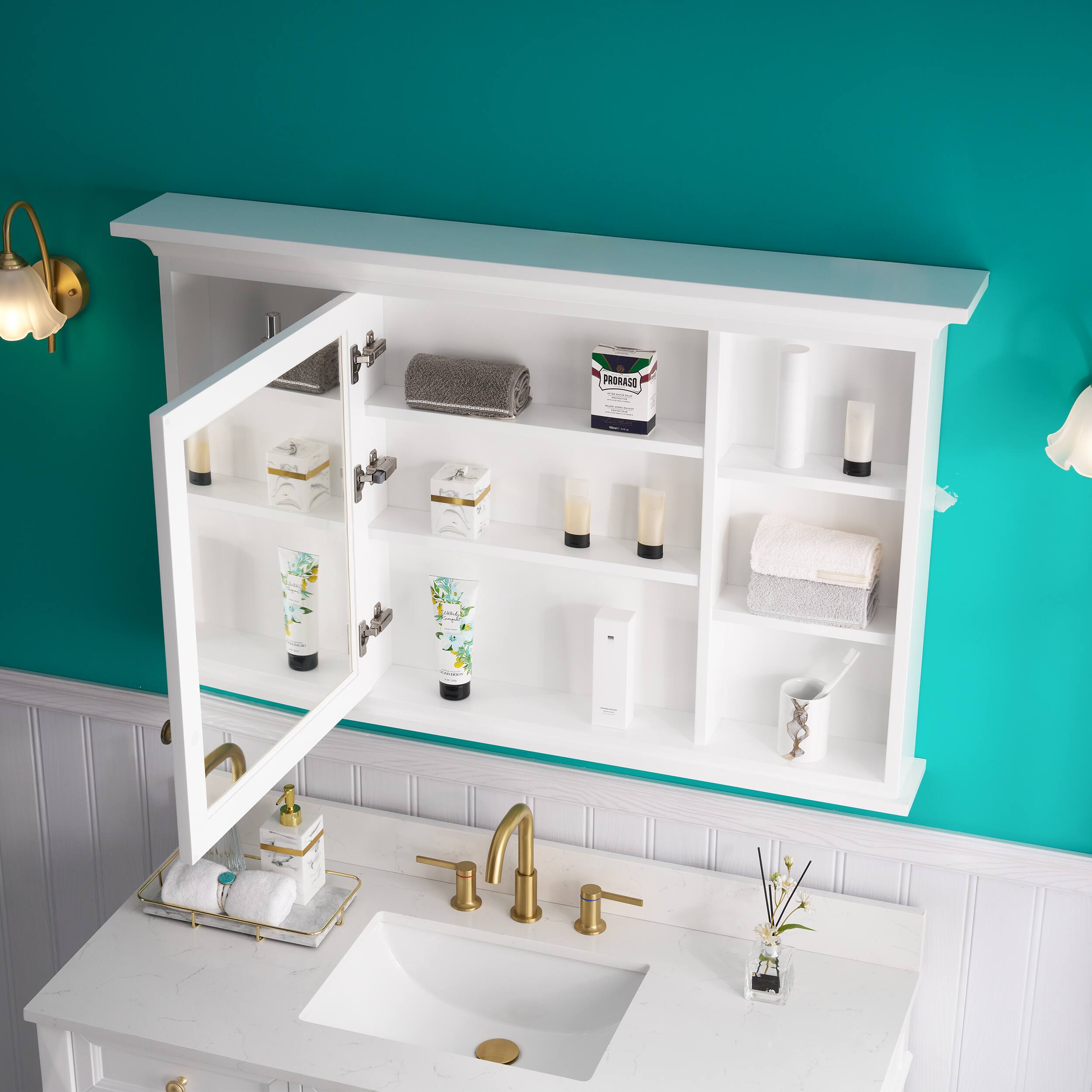 Left. WELLFOR - 48 in. W x 30 in. H Rectangular Solid Wood Medicine Cabinet with Mirror with Single Door - White.