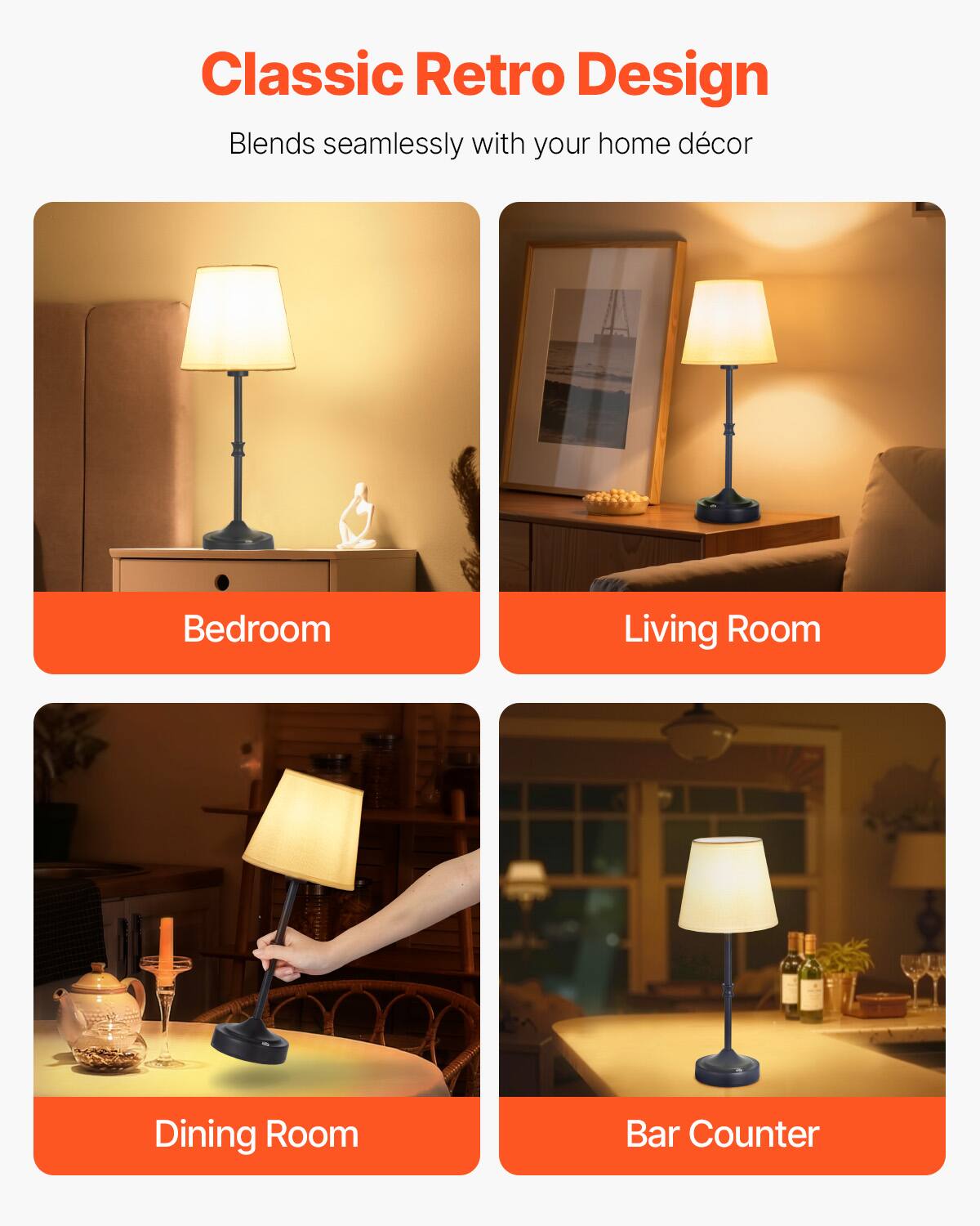 Classic Retro Design  
Blends seamlessly with your home décor  

Bedroom  
Living Room  
Dining Room  
Bar Counter