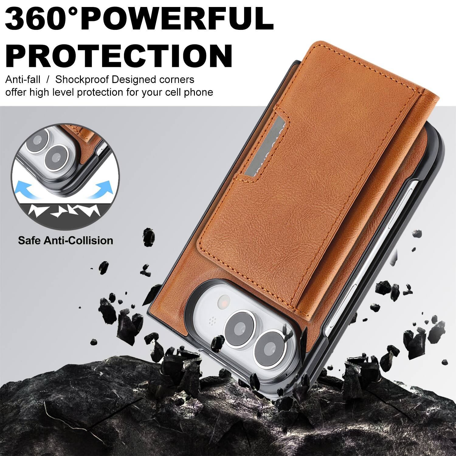 360° POWERFUL PROTECTION  
Anti-fall / Shockproof Designed corners offer high level protection for your cell phone  
Safe Anti-Collision