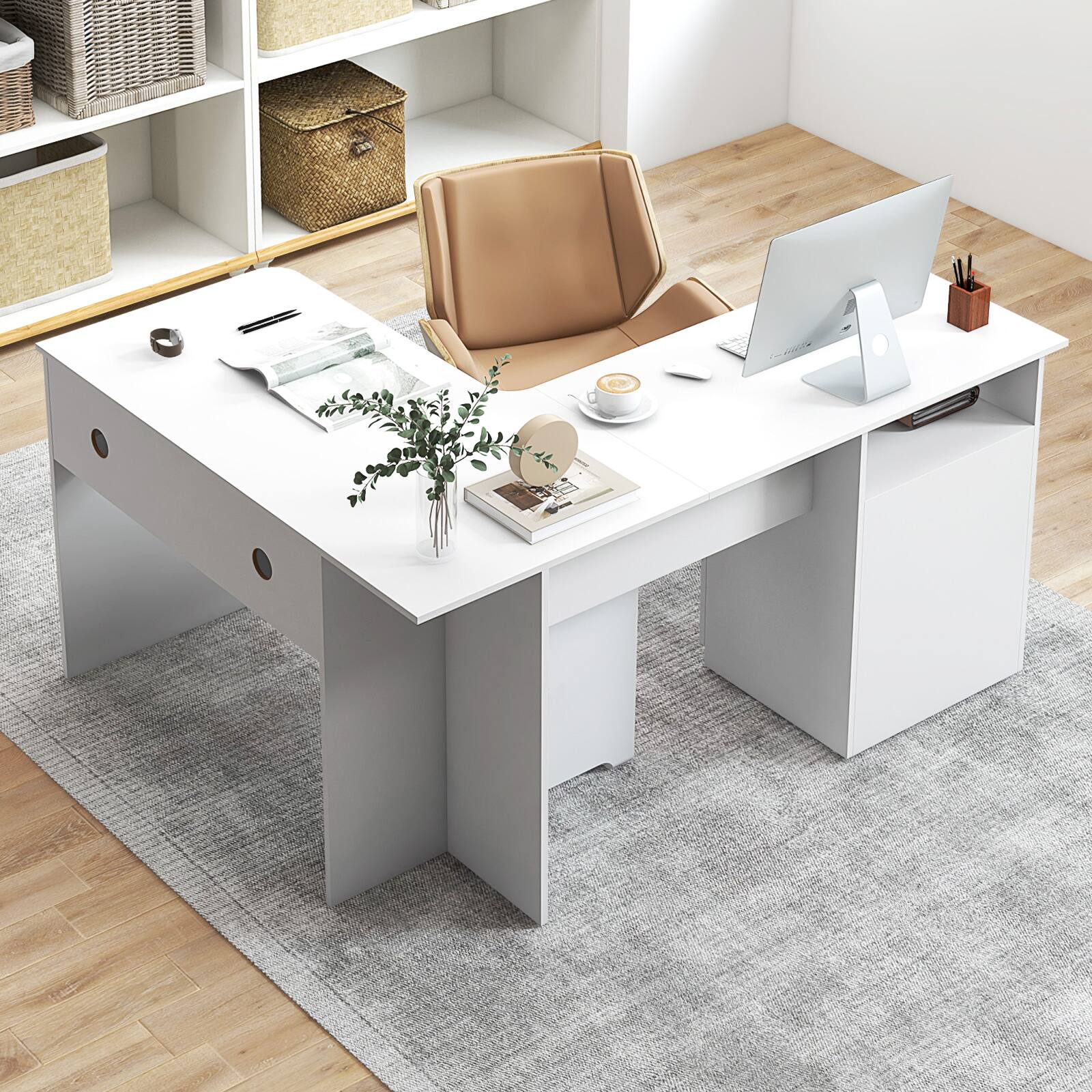 Alt View 7. Ecooso - L-Shaped Computer Desk with File Drawer, Corner Workstation for Home Office and Study Room - White.