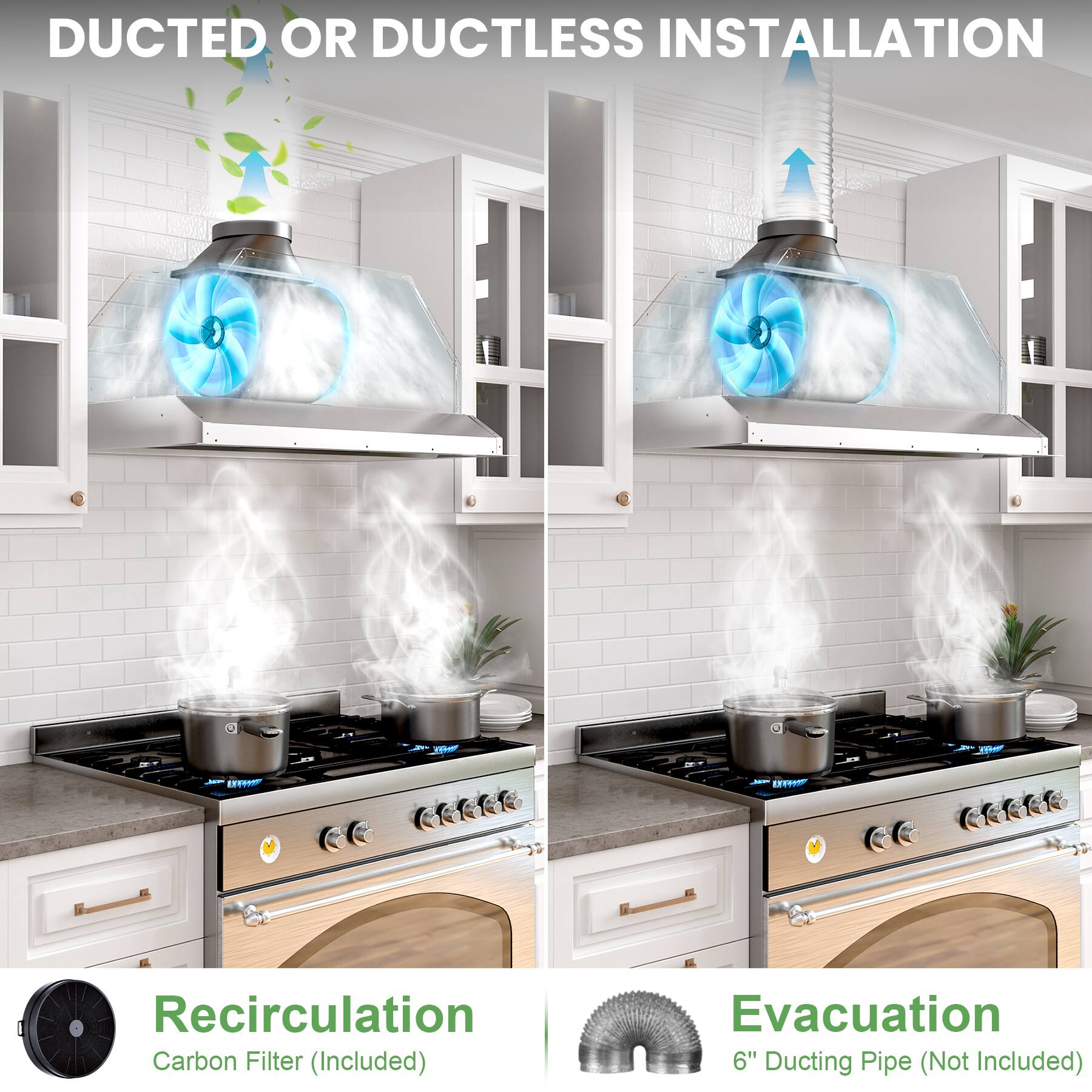 DUCTED OR DUCTLESS INSTALLATION

Recirculation
Carbon Filter (Included)

Evacuation
6" Ducting Pipe (Not Included)