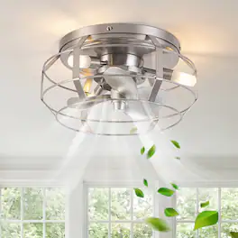 Parrot Uncle - 12.2" Industrial Metal Caged Flush Mount Ceiling Fan with Light - Nickel