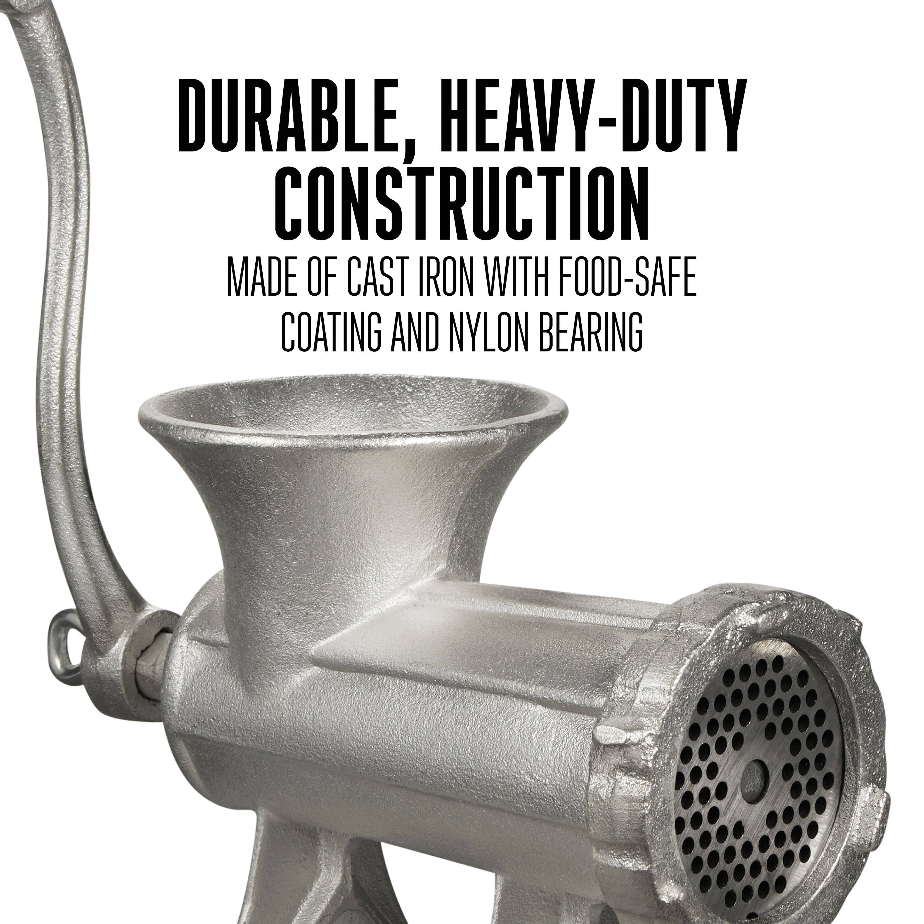 DURABLE, HEAVY-DUTY CONSTRUCTION  
MADE OF CAST IRON WITH FOOD-SAFE COATING AND NYLON BEARING