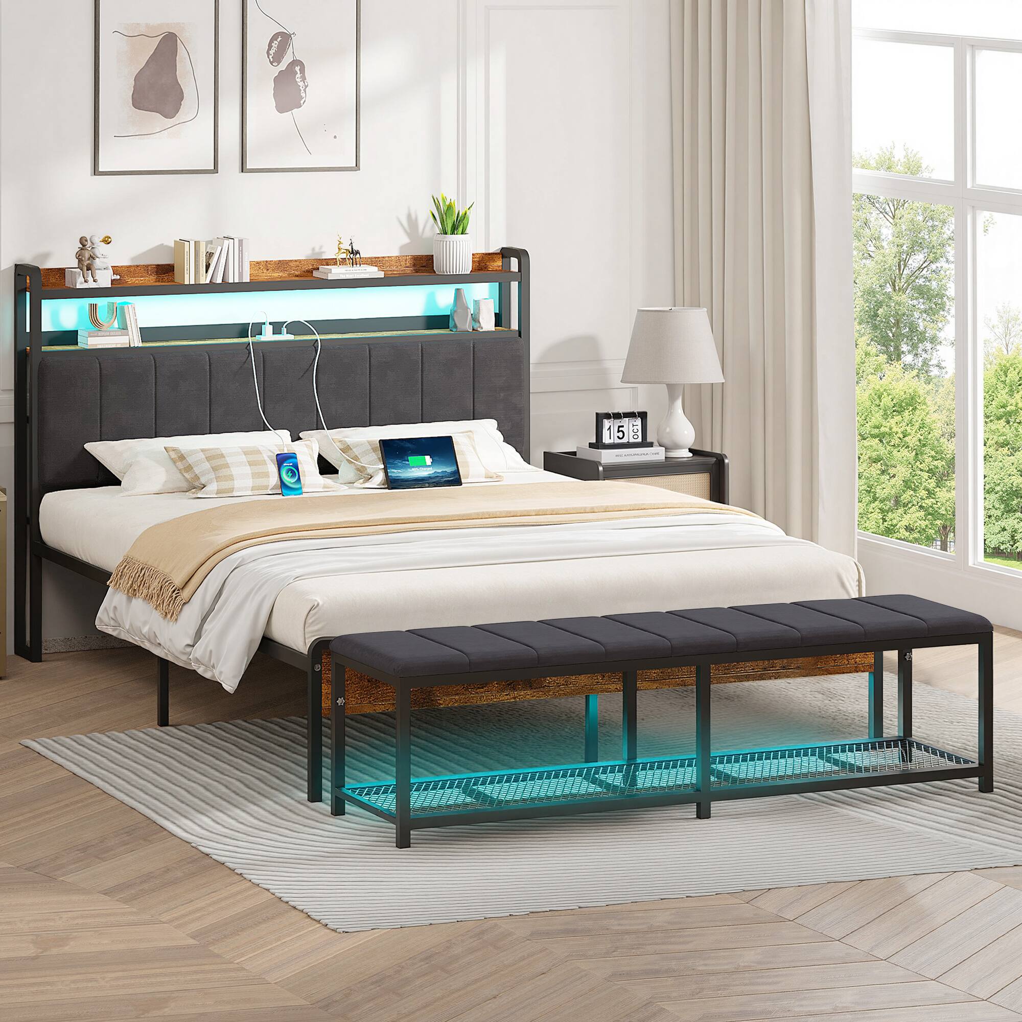 Front. Vecelo - Modern Upholstered LED Platform Bed Frame with Headboard and Bench, Metal Slats Storage Bed Frame - Grey.