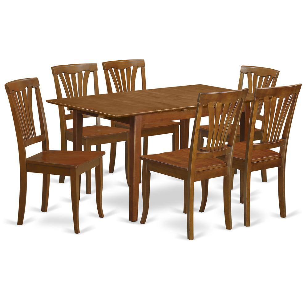 Front. East West Furniture - 7 Pc small Table set - Table with Leaf and 6 Kitchen Chairs - Saddle Brown.