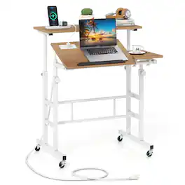 Costway - Mobile Stand up Desk Adjustable Computer Desk Tilting Workstation - Natural
