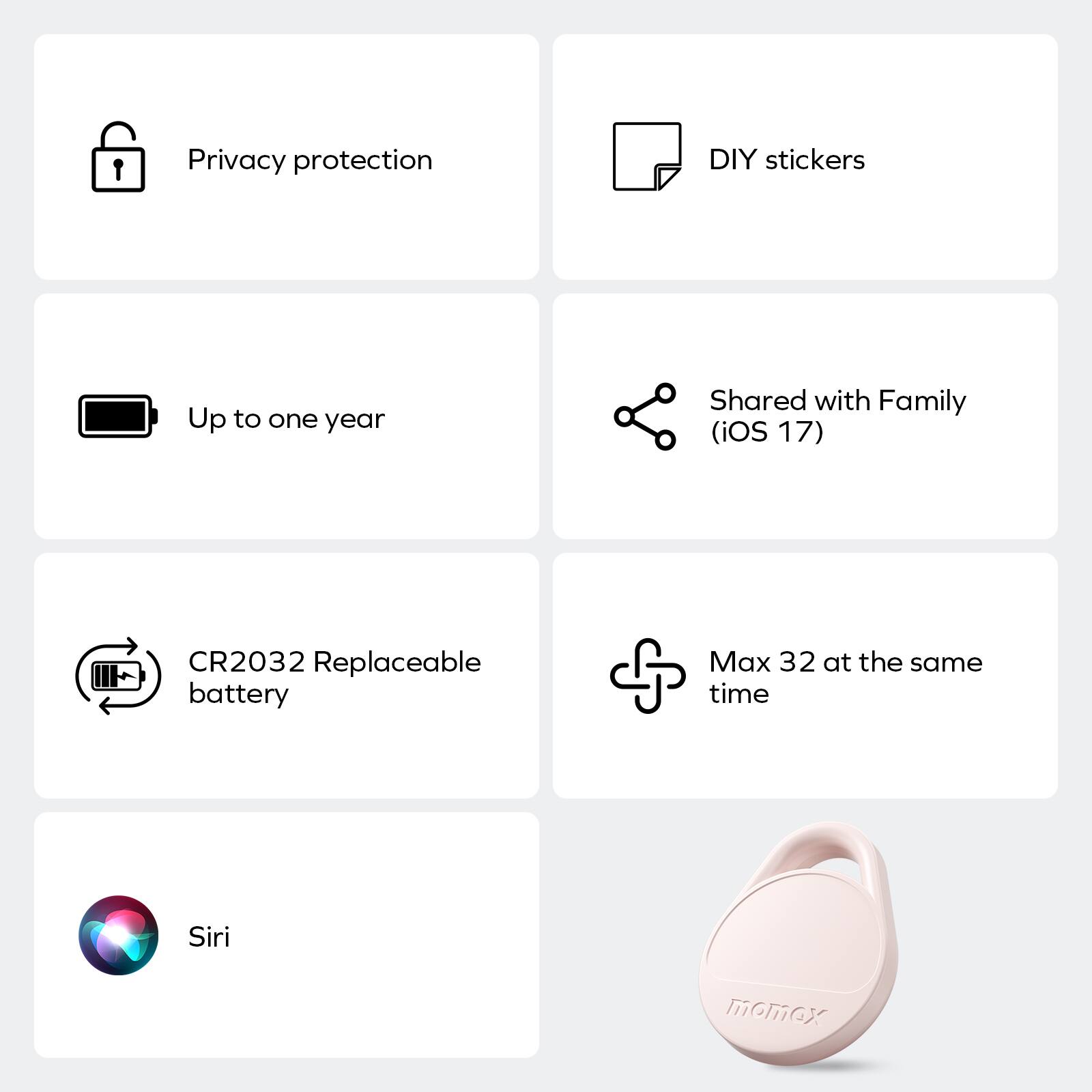 Privacy protection, DIY stickers, Up to one year, Shared with Family (iOS 17), CR2032 Replaceable battery, Max 32 at the same time, Siri